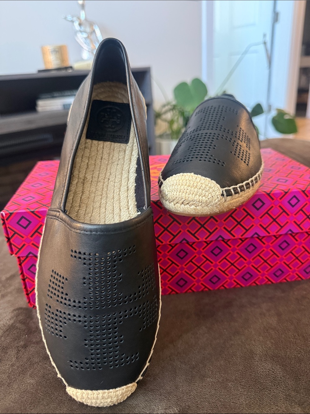 Tory Burch Black Perforated Leather Espadrille Slip-Ons
